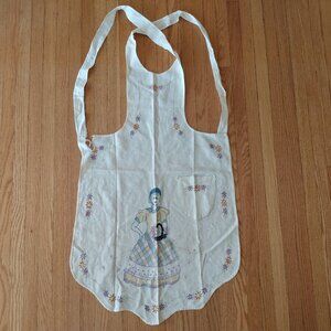 Vintage Full Apron Pinafore Handmade Embroidered Lady Flowers AS IS Flaws Ripped